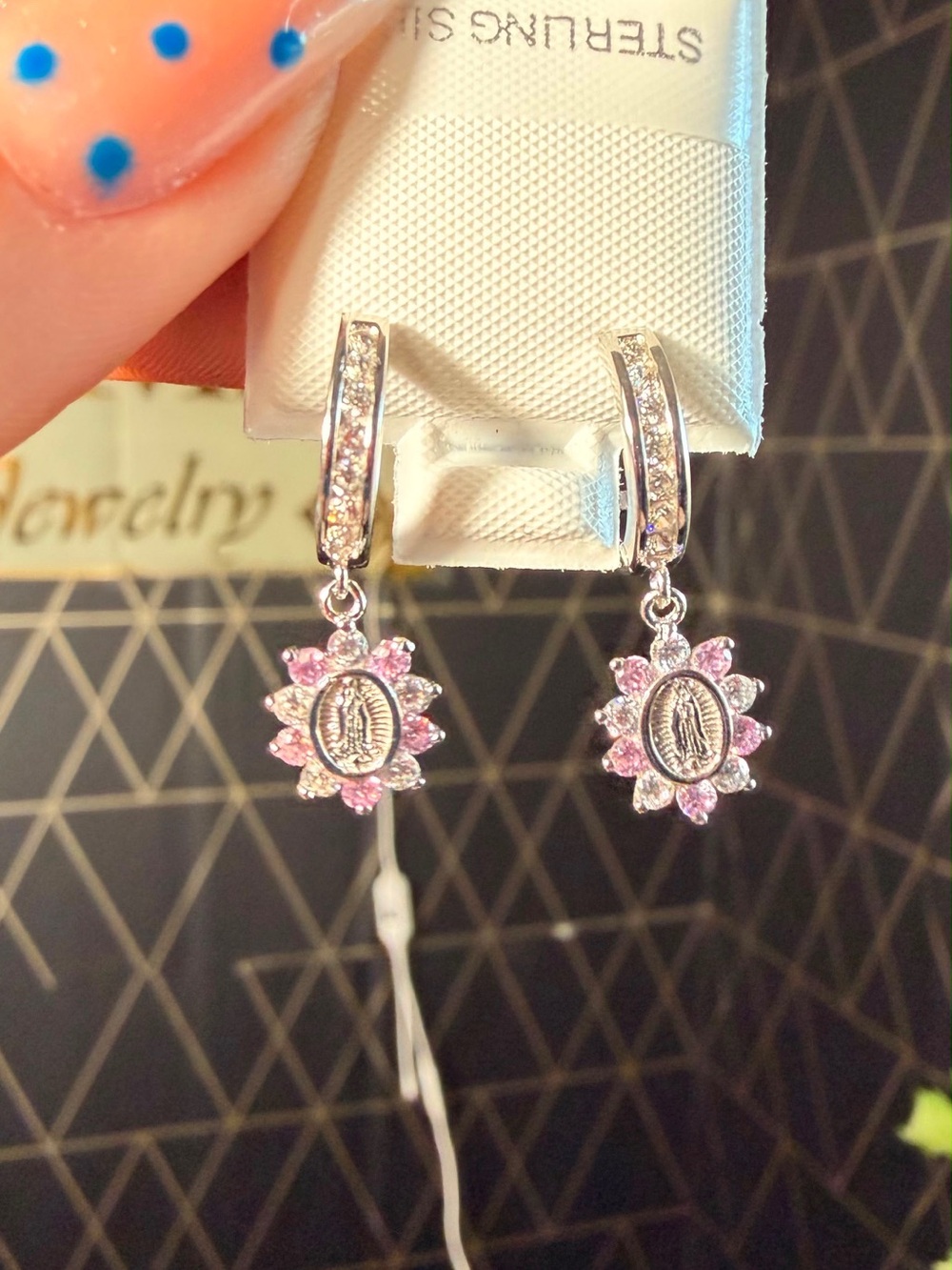Sterling Silver Pink Crystal Floral Drop Earrings - Women Jewelry